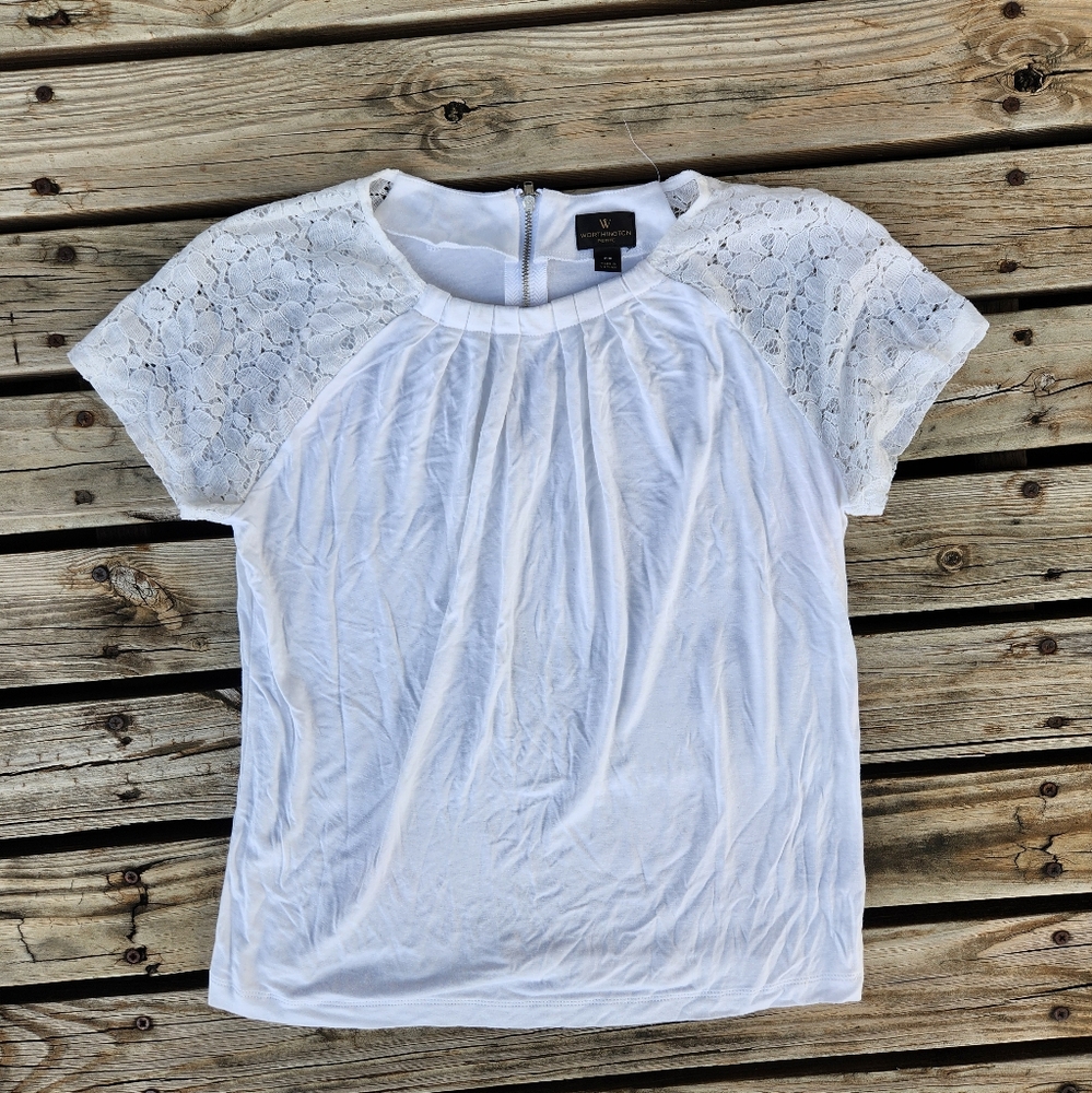 Worthington White Lace Petite Small Work Neutral Professional Top Shirt Loose